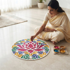TodFod Wooden Diya Lotus Rangoli, 12 Inch – Reusable MDF Floor Decoration for Diwali, Pooja & Home Entrance Decor