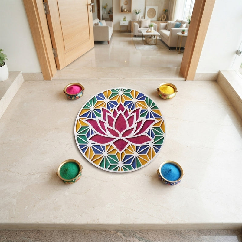 TodFod Wooden Diya Lotus Rangoli, 12 Inch – Reusable MDF Floor Decoration for Diwali, Pooja & Home Entrance Decor