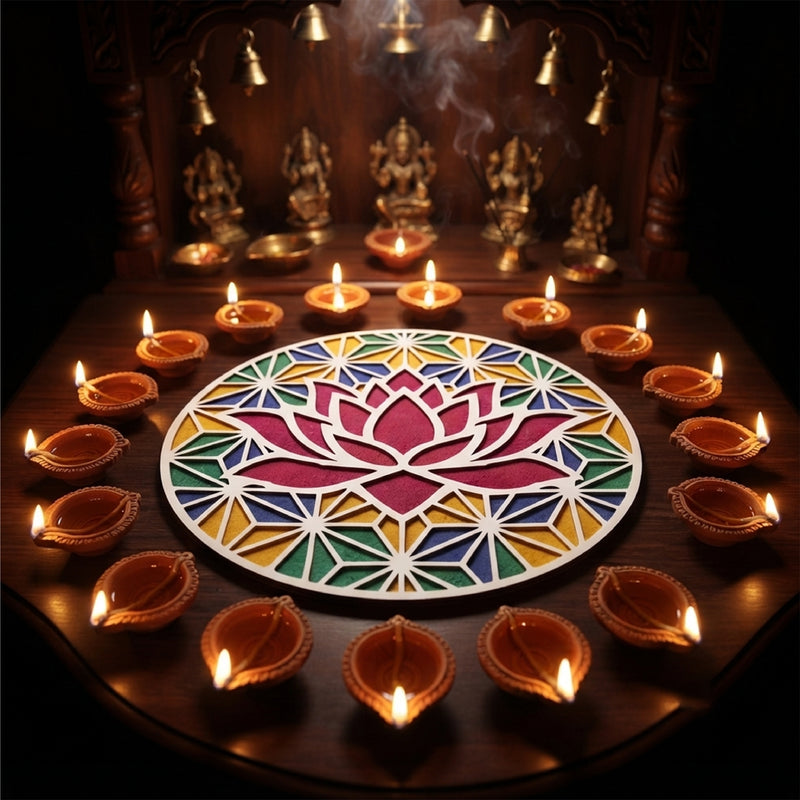TodFod Wooden Diya Lotus Rangoli, 12 Inch – Reusable MDF Floor Decoration for Diwali, Pooja & Home Entrance Decor