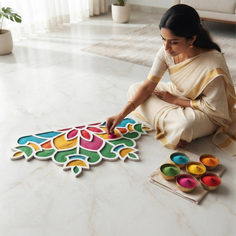 Todfod Wooden Floral Rangoli for Floor Decoration Reusable MDF Rangoli for Diwali Pooja Home Entrance Festival Decor 12 Inch