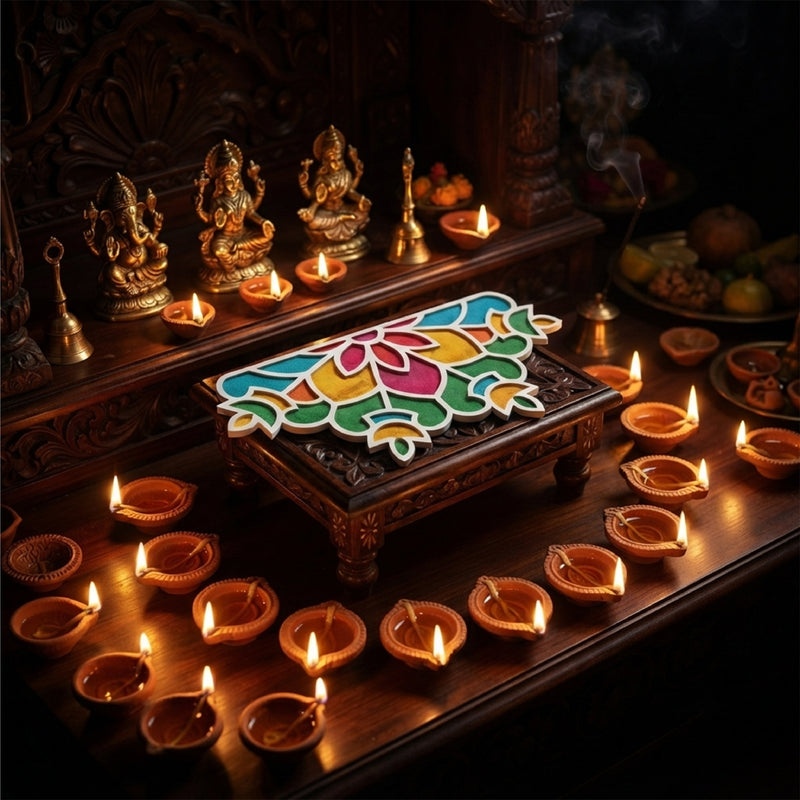 Todfod Wooden Floral Rangoli for Floor Decoration Reusable MDF Rangoli for Diwali Pooja Home Entrance Festival Decor 12 Inch