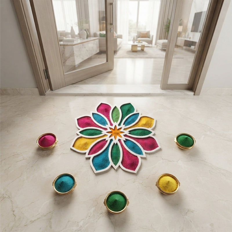 Todfod Wooden Floral Rangoli for Floor Decoration Reusable MDF Rangoli for Diwali Pooja Home Entrance Festival Decor 12 Inch