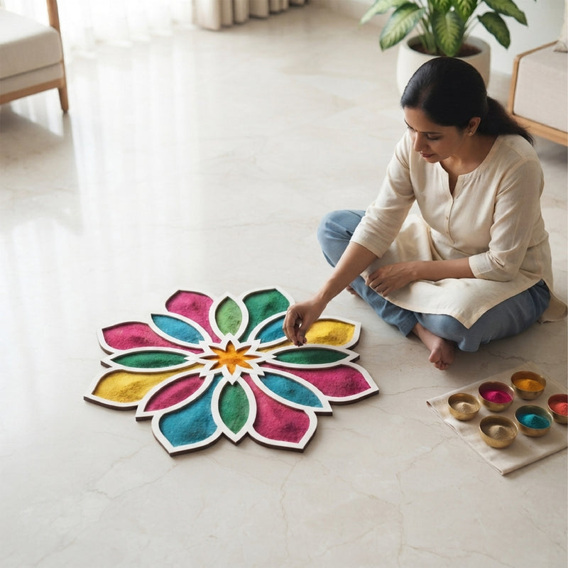 Todfod Wooden Floral Rangoli for Floor Decoration Reusable MDF Rangoli for Diwali Pooja Home Entrance Festival Decor 12 Inch