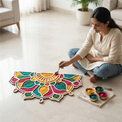 Todfod Wooden Half Circle Floral Rangoli for Floor Decoration Reusable MDF Rangoli for Diwali Pooja Home Entrance Festival Decor 12 Inch