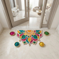 Todfod Wooden Half Circle Floral Rangoli for Floor Decoration Reusable MDF Rangoli for Diwali Pooja Home Entrance Festival Decor 12 Inch