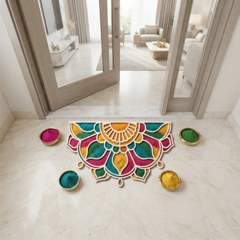 Todfod Wooden Half Circle Floral Rangoli for Floor Decoration Reusable MDF Rangoli for Diwali Pooja Home Entrance Festival Decor 12 Inch