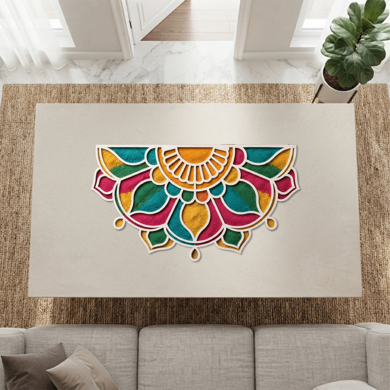 Todfod Wooden Half Circle Floral Rangoli for Floor Decoration Reusable MDF Rangoli for Diwali Pooja Home Entrance Festival Decor 12 Inch