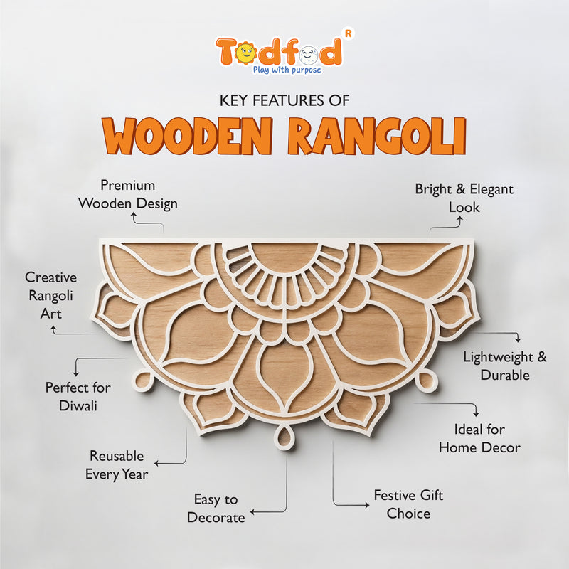 Todfod Wooden Half Circle Floral Rangoli for Floor Decoration Reusable MDF Rangoli for Diwali Pooja Home Entrance Festival Decor 12 Inch