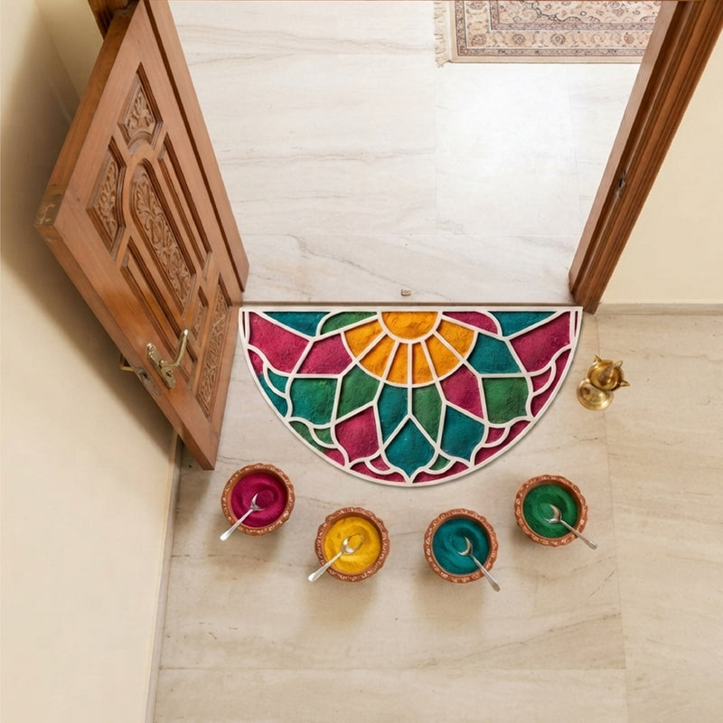 Todfod Wooden Half Circle Lotus Rangoli for Floor Decoration Reusable MDF Rangoli for Diwali Pooja Home Entrance Festival Decor 12 Inch