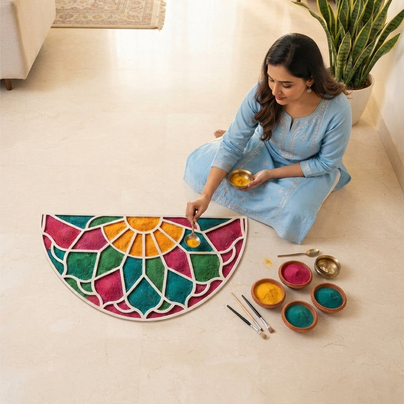 Todfod Wooden Half Circle Lotus Rangoli for Floor Decoration Reusable MDF Rangoli for Diwali Pooja Home Entrance Festival Decor 12 Inch