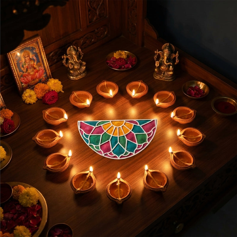 Todfod Wooden Half Circle Lotus Rangoli for Floor Decoration Reusable MDF Rangoli for Diwali Pooja Home Entrance Festival Decor 12 Inch