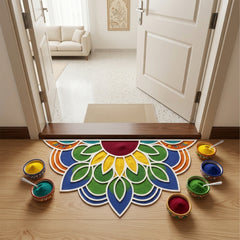 Todfod Wooden Half Circle Floral Rangoli for Floor Decoration Reusable MDF Rangoli for Diwali Pooja Home Entrance Festival Decor 12 Inch