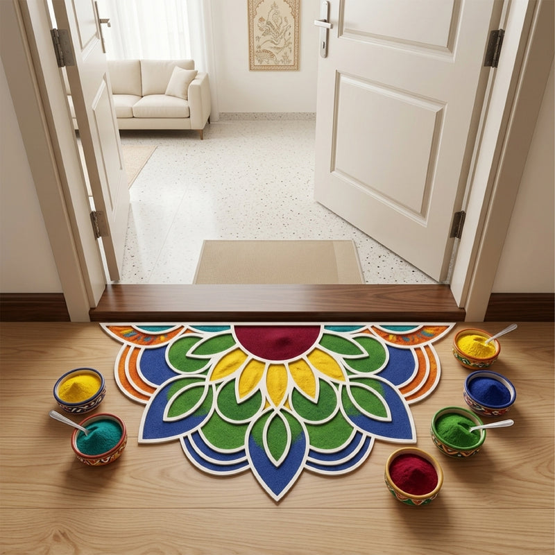 Todfod Wooden Half Circle Floral Rangoli for Floor Decoration Reusable MDF Rangoli for Diwali Pooja Home Entrance Festival Decor 12 Inch