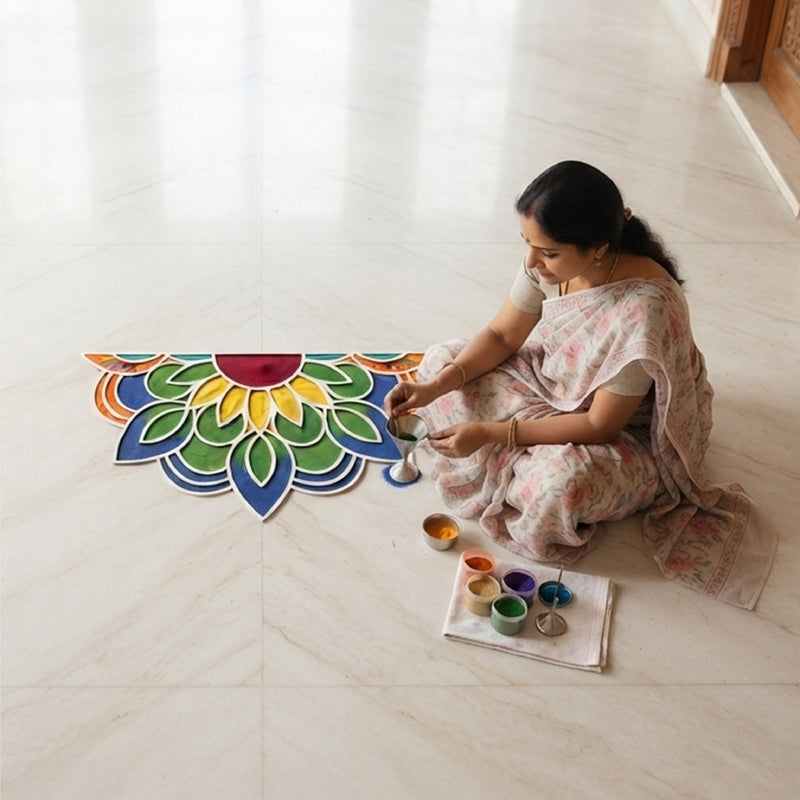 Todfod Wooden Half Circle Floral Rangoli for Floor Decoration Reusable MDF Rangoli for Diwali Pooja Home Entrance Festival Decor 12 Inch