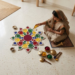 Todfod Wooden Floral Mandala Rangoli for Floor Decoration Reusable MDF Rangoli for Diwali Pooja Home Entrance Festival Decor 12 Inch