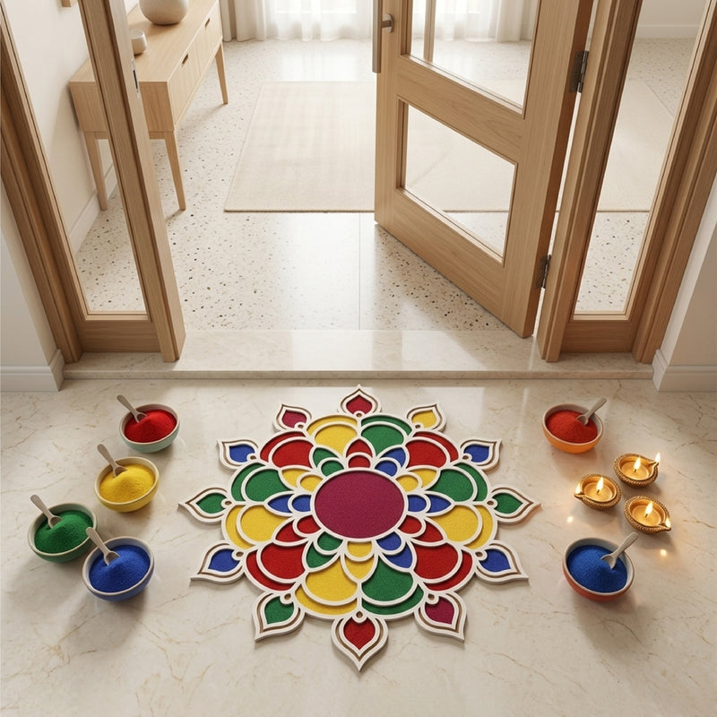 Todfod Wooden Floral Mandala Rangoli for Floor Decoration Reusable MDF Rangoli for Diwali Pooja Home Entrance Festival Decor 12 Inch