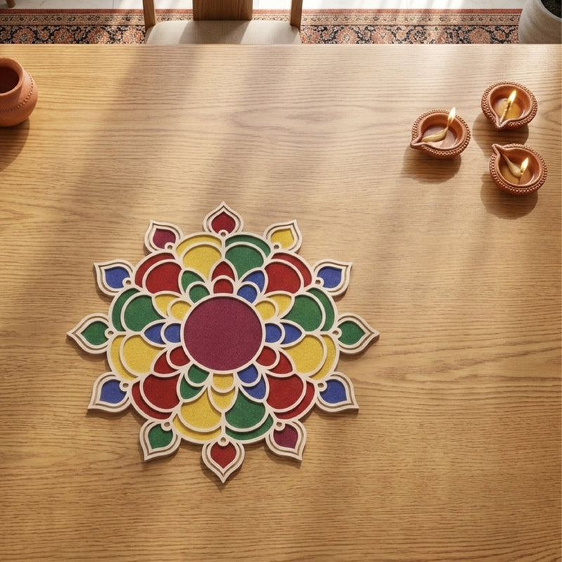 Todfod Wooden Floral Mandala Rangoli for Floor Decoration Reusable MDF Rangoli for Diwali Pooja Home Entrance Festival Decor 12 Inch