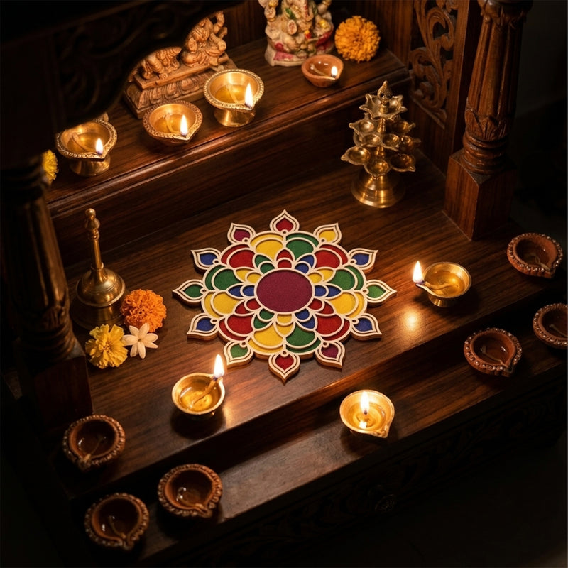 Todfod Wooden Floral Mandala Rangoli for Floor Decoration Reusable MDF Rangoli for Diwali Pooja Home Entrance Festival Decor 12 Inch