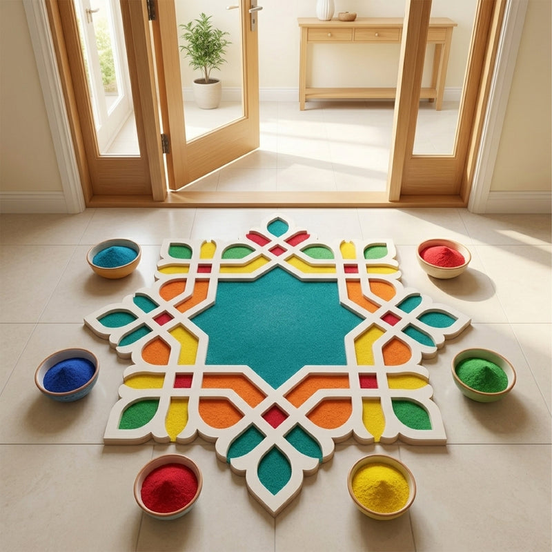 Todfod Wooden Geometric Floral Rangoli for Floor Decoration Reusable MDF Rangoli for Diwali Pooja Home Entrance Festival Decor 12 Inch