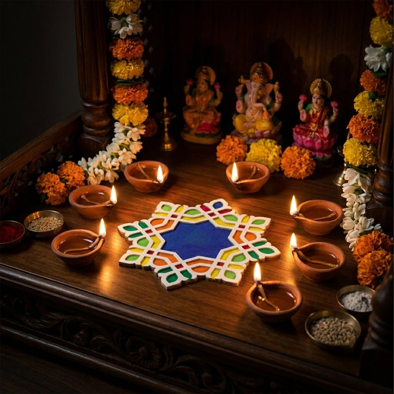 Todfod Wooden Geometric Floral Rangoli for Floor Decoration Reusable MDF Rangoli for Diwali Pooja Home Entrance Festival Decor 12 Inch