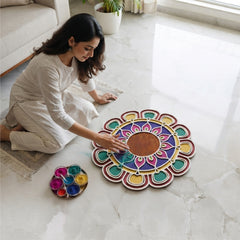 Todfod Wooden Floral Mandala Rangoli for Floor Decoration Reusable MDF Rangoli for Diwali Home Entrance Pooja Festival Decor 12 Inch