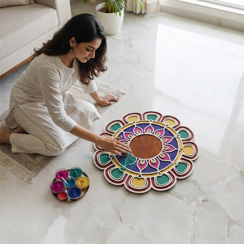 Todfod Wooden Floral Mandala Rangoli for Floor Decoration Reusable MDF Rangoli for Diwali Home Entrance Pooja Festival Decor 12 Inch