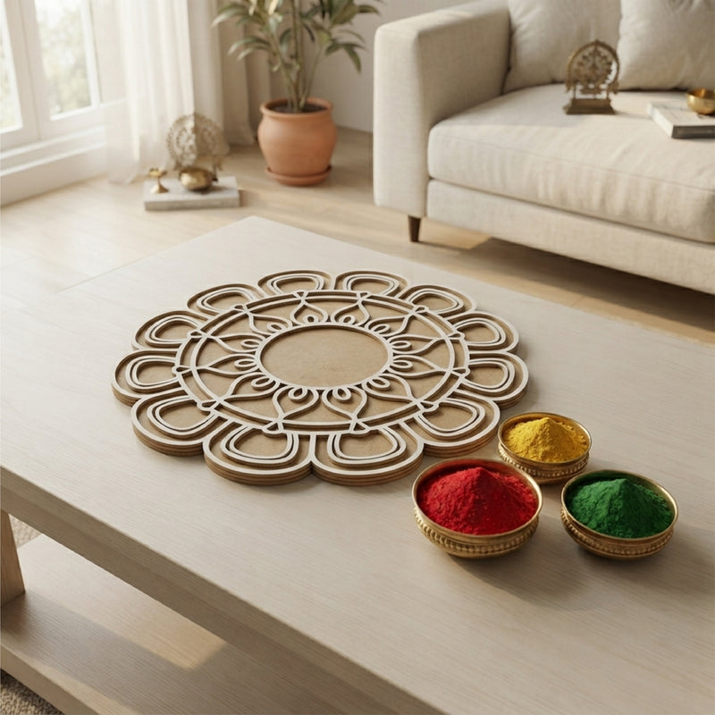 Todfod Wooden Floral Mandala Rangoli for Floor Decoration Reusable MDF Rangoli for Diwali Home Entrance Pooja Festival Decor 12 Inch
