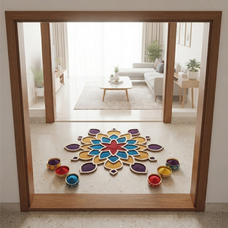 TodFod Wooden MDF Rangoli Floor Decor | 12x12 Inch Star & Floral Mandala Frame for Festivals & Home Decor