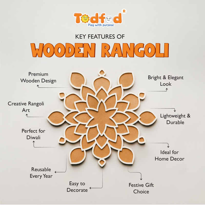 TodFod Wooden MDF Rangoli Floor Decor | 12x12 Inch Star & Floral Mandala Frame for Festivals & Home Decor