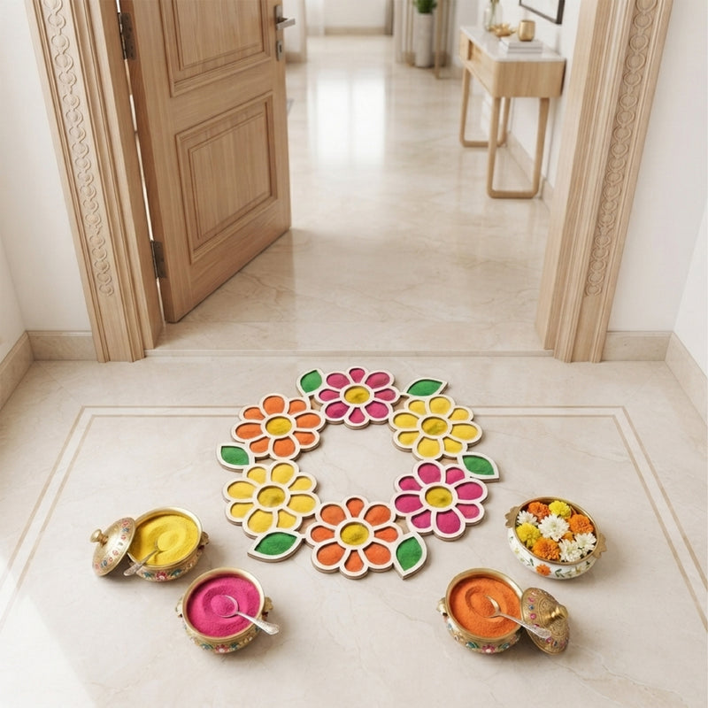 TodFod Wooden MDF Rangoli Floor Decor | 12x12 Inch Floral Ring Mandala Frame for Festivals & Home Decor