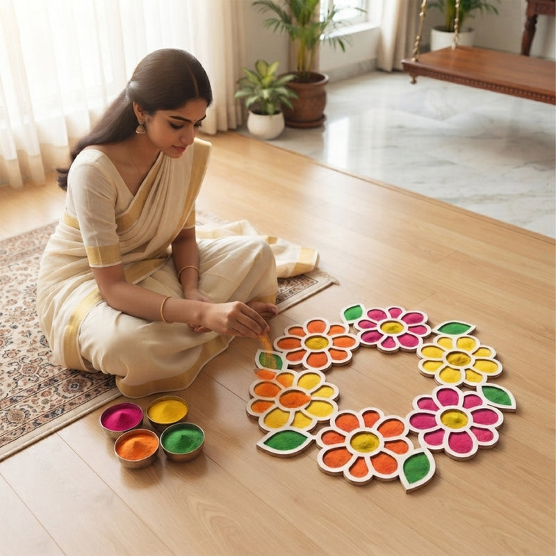 TodFod Wooden MDF Rangoli Floor Decor | 12x12 Inch Floral Ring Mandala Frame for Festivals & Home Decor