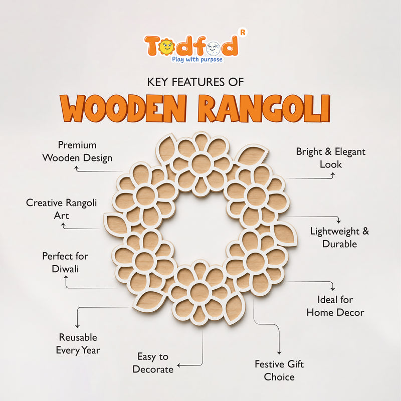TodFod Wooden MDF Rangoli Floor Decor | 12x12 Inch Floral Ring Mandala Frame for Festivals & Home Decor