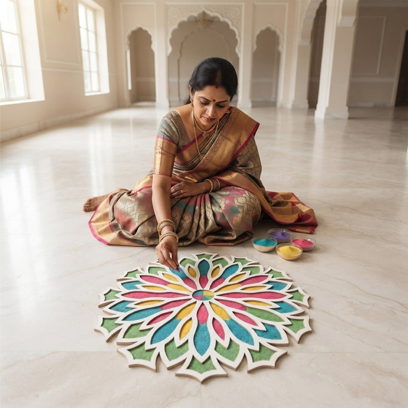 TodFod Wooden MDF Rangoli Floor Decor | 12x12 Inch Floral Frame for Festivals & Home Decor