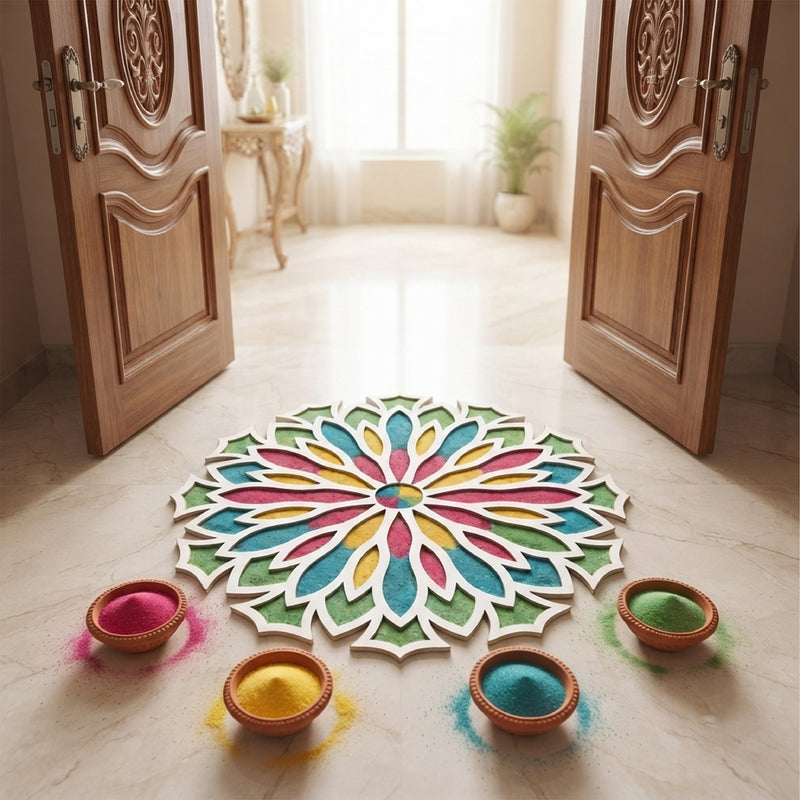 TodFod Wooden MDF Rangoli Floor Decor | 12x12 Inch Floral Frame for Festivals & Home Decor
