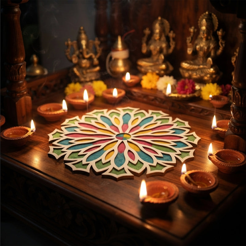 TodFod Wooden MDF Rangoli Floor Decor | 12x12 Inch Floral Frame for Festivals & Home Decor