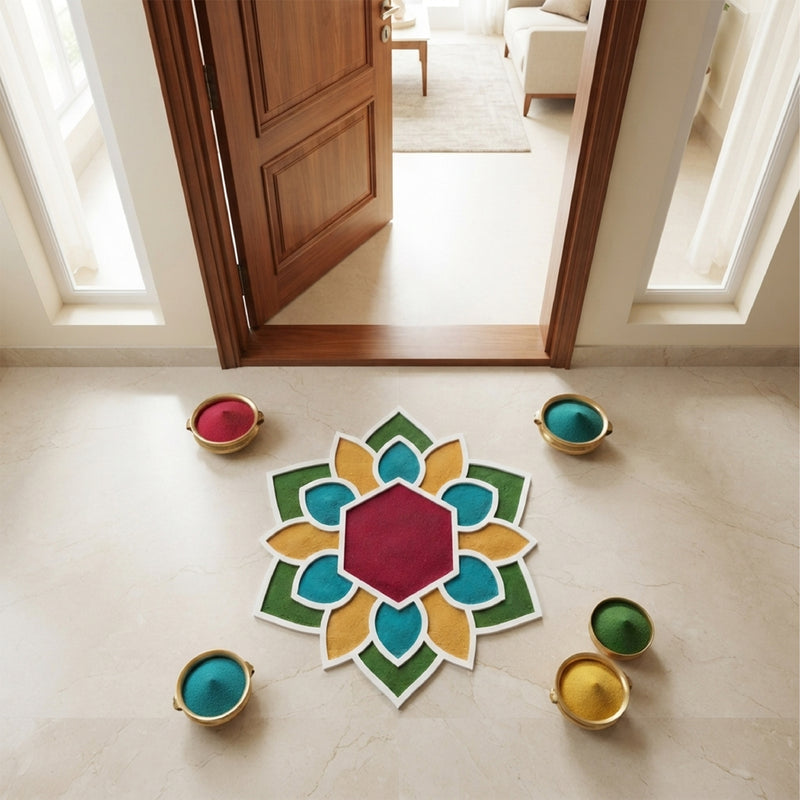 TodFod Wooden MDF Rangoli Floor Decor | 12x12 Inch Hexagon Floral Frame for Festivals & Home Decor