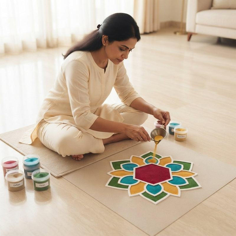 TodFod Wooden MDF Rangoli Floor Decor | 12x12 Inch Hexagon Floral Frame for Festivals & Home Decor