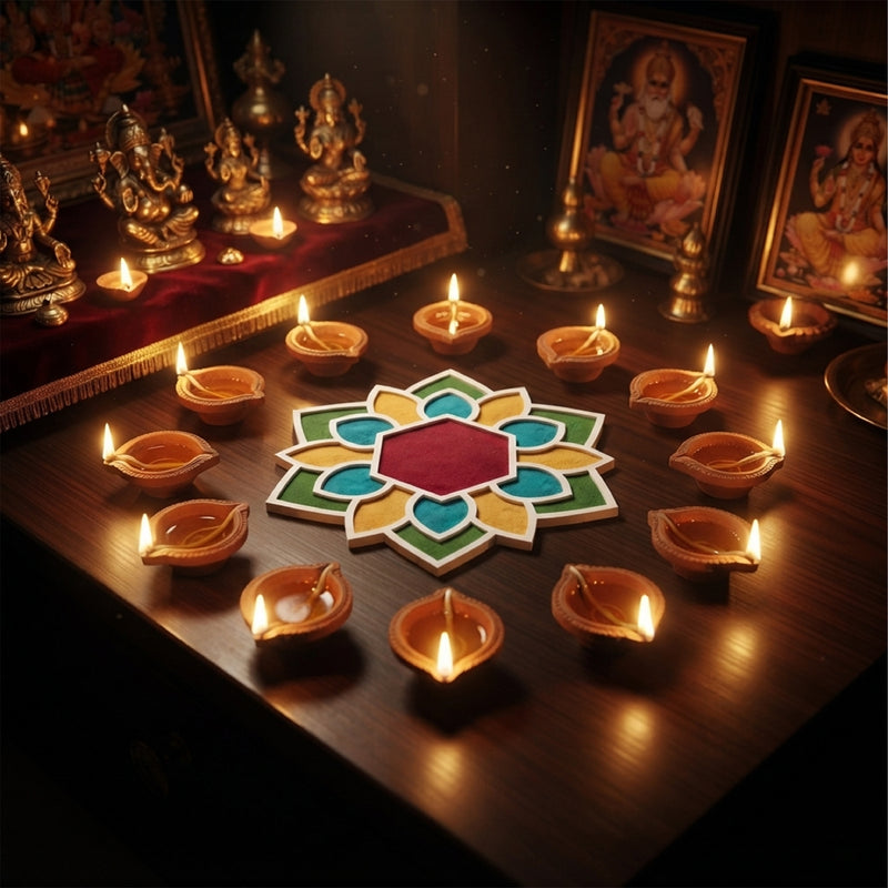 TodFod Wooden MDF Rangoli Floor Decor | 12x12 Inch Hexagon Floral Frame for Festivals & Home Decor