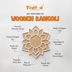 TodFod Wooden MDF Rangoli Floor Decor | 12x12 Inch Hexagon Floral Frame for Festivals & Home Decor