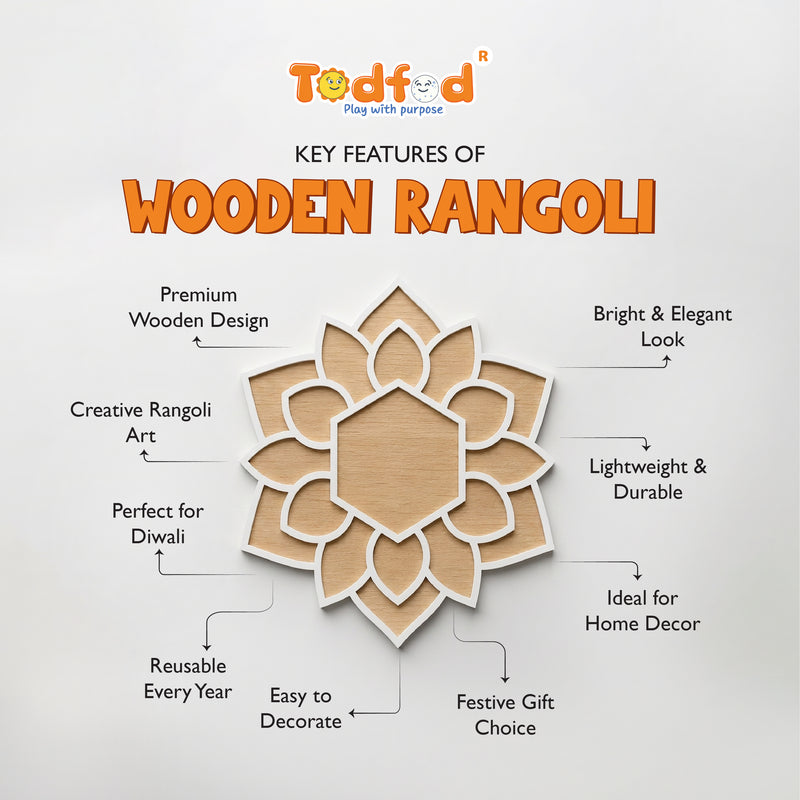 TodFod Wooden MDF Rangoli Floor Decor | 12x12 Inch Hexagon Floral Frame for Festivals & Home Decor