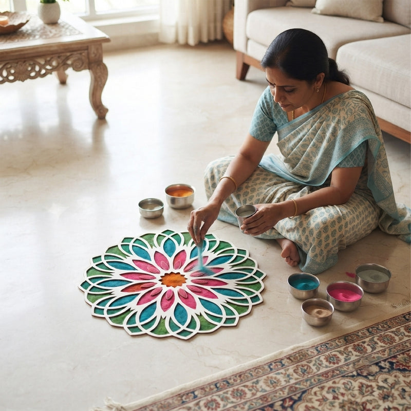 TodFod Wooden MDF Rangoli Floor Decor | 12x12 Inch Floral Mandala Frame for Festivals & Home Decor