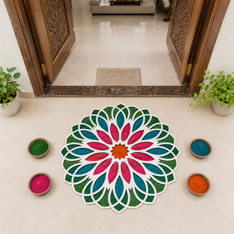 TodFod Wooden MDF Rangoli Floor Decor | 12x12 Inch Floral Mandala Frame for Festivals & Home Decor