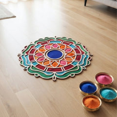 Todfod Wooden Lotus Mandala Rangoli for Floor Decoration Reusable MDF Rangoli for Diwali Home Entrance Pooja Festival Decor 12 Inch