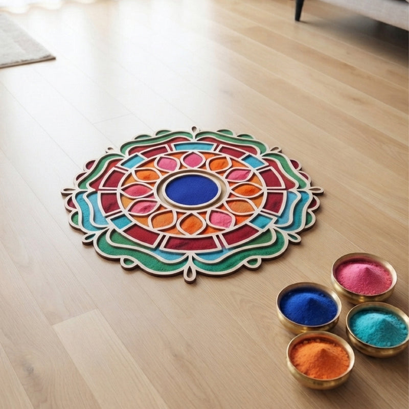 Todfod Wooden Lotus Mandala Rangoli for Floor Decoration Reusable MDF Rangoli for Diwali Home Entrance Pooja Festival Decor 12 Inch