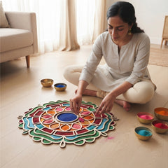 Todfod Wooden Lotus Mandala Rangoli for Floor Decoration Reusable MDF Rangoli for Diwali Home Entrance Pooja Festival Decor 12 Inch