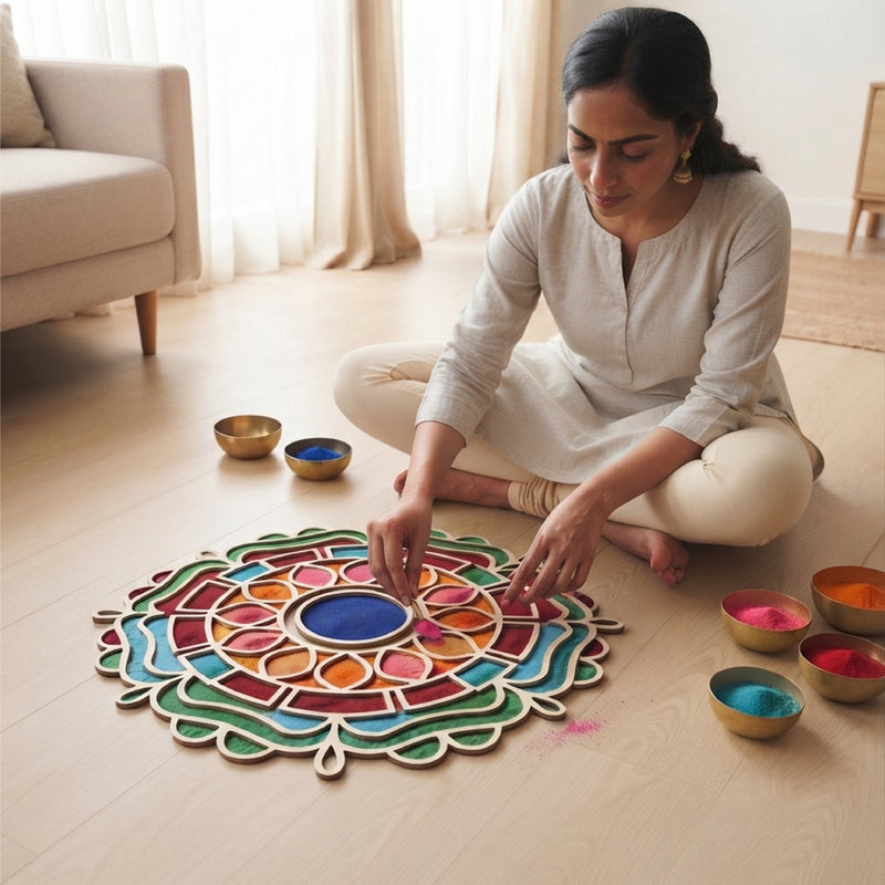 Todfod Wooden Lotus Mandala Rangoli for Floor Decoration Reusable MDF Rangoli for Diwali Home Entrance Pooja Festival Decor 12 Inch
