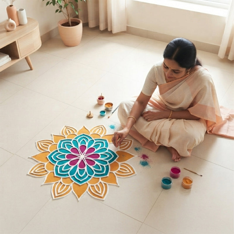 TodFod Wooden MDF Rangoli Floor Decor | 12x12 Inch Mandala Cut-Out Frame for Festivals & Home Decor