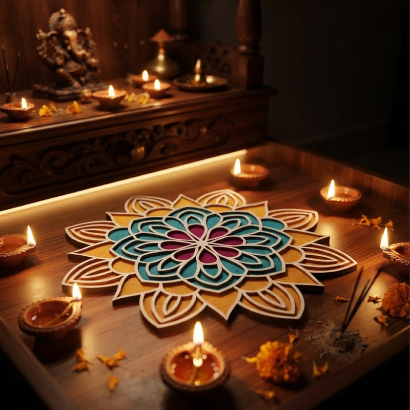 TodFod Wooden MDF Rangoli Floor Decor | 12x12 Inch Mandala Cut-Out Frame for Festivals & Home Decor
