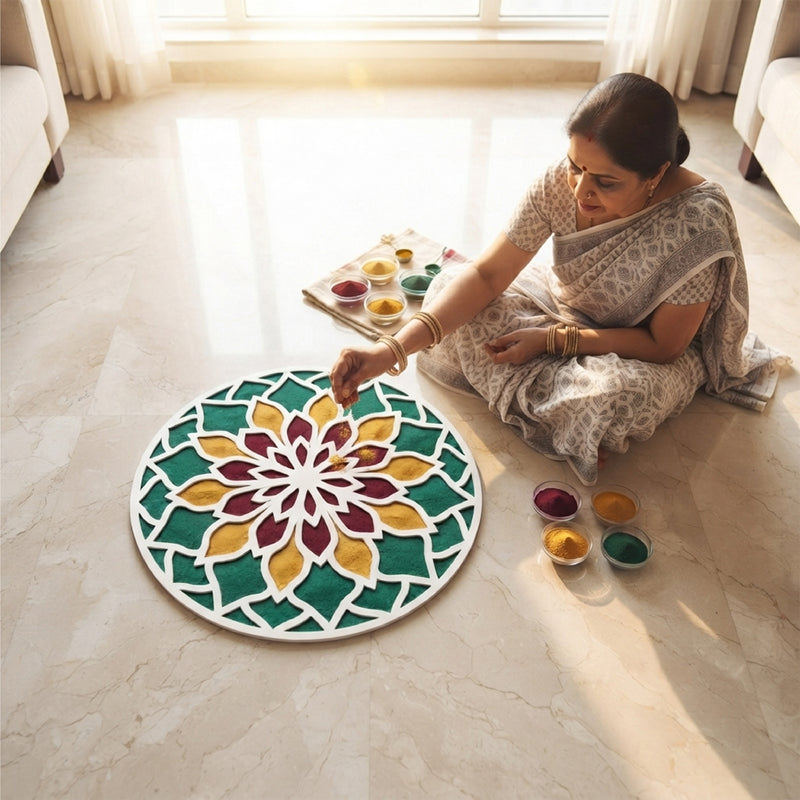 TodFod Wooden MDF Rangoli Floor Decor | 12x12 Inch Mandala Cut-Out Frame for Festivals & Home Decor