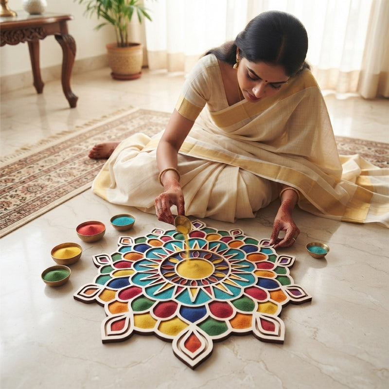 Todfod Wooden Sun Mandala Rangoli for Floor Decoration Reusable MDF Rangoli for Diwali Home Entrance Pooja Festival Decor 12 Inch